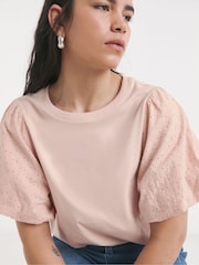 Simply Be Pink Broderie Puff Sleeve 100% Cotton T-Shirt - Image 2 of 4