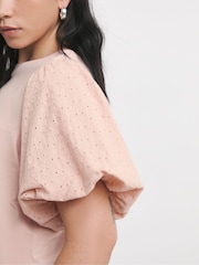 Simply Be Pink Broderie Puff Sleeve 100% Cotton T-Shirt - Image 3 of 4