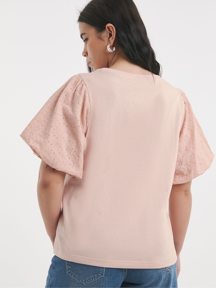 Simply Be Pink Broderie Puff Sleeve 100% Cotton T-Shirt - Image 4 of 4 Simply Be Pink Broderie Puff Sleeve 100% Cotton T-Shirt - Image 4 of 4