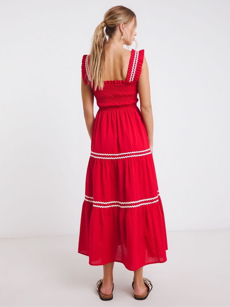 Simply Be Red Shirred Maxi Dress With Scallop Detail - Image 2 of 6