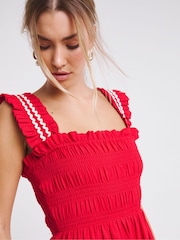 Simply Be Red Shirred Maxi Dress With Scallop Detail - Image 3 of 6