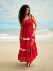 Simply Be Red Shirred Maxi Dress With Scallop Detail - Image 4 of 6