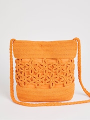 Simply Be Orange Floral Print Crochet Tote 100% Cotton Bag - Image 1 of 4