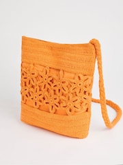 Simply Be Orange Floral Print Crochet Tote 100% Cotton Bag - Image 2 of 4