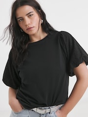 Simply Be Black Broderie Puff Sleeve 100% Cotton T-Shirt - Image 1 of 4