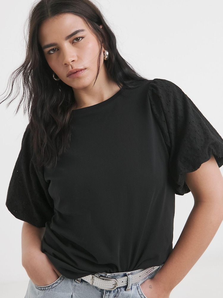 Simply Be Black Broderie Puff Sleeve 100% Cotton T-Shirt - Image 1 of 4