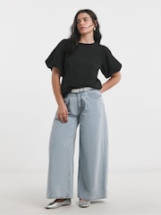 Simply Be Black Broderie Puff Sleeve 100% Cotton T-Shirt - Image 2 of 4