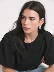 Simply Be Black Broderie Puff Sleeve 100% Cotton T-Shirt - Image 3 of 4