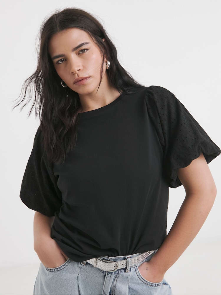 Simply Be Black Broderie Puff Sleeve 100% Cotton T-Shirt - Image 4 of 4 Simply Be Black Broderie Puff Sleeve 100% Cotton T-Shirt - Image 4 of 4