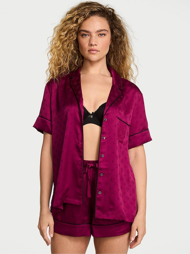 Victoria's Secret Logo Fresh Jam Jacquard Purple Satin Short Pyjamas Set - Image 1 of 3