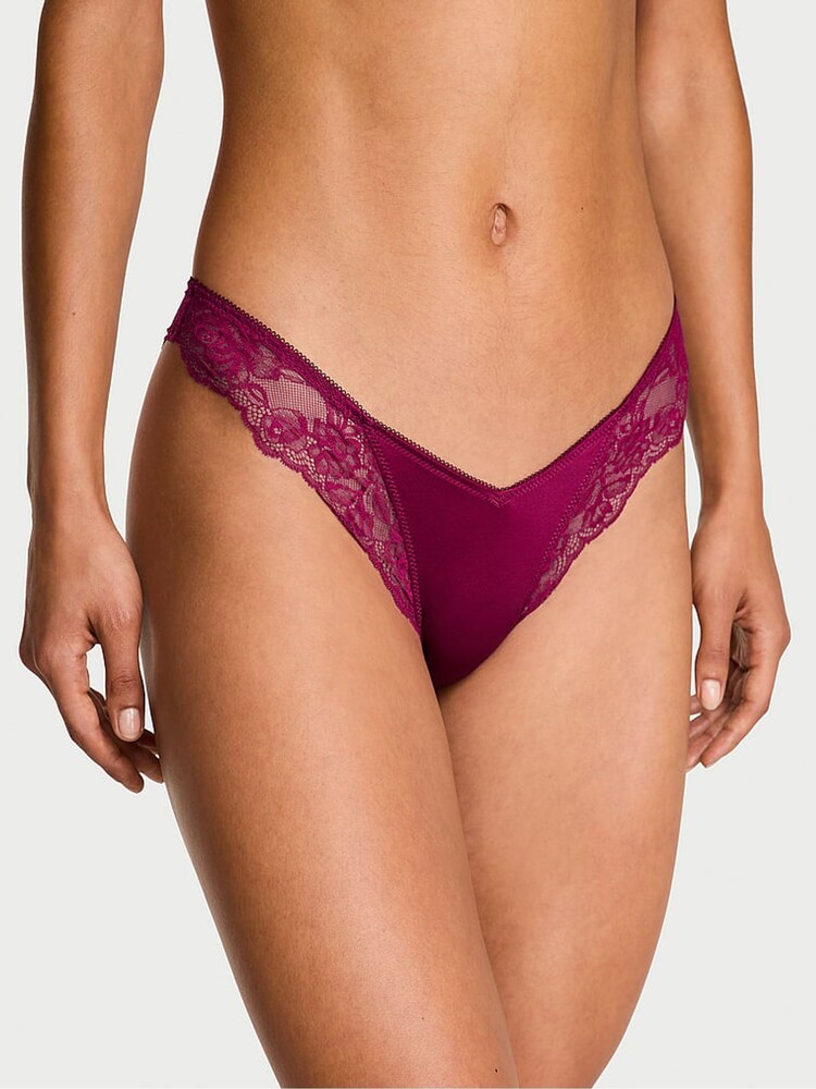 Victoria's Secret Fresh Jam Purple Thong Rose Lace Trim Knickers - Image 1 of 3 Victoria's Secret Fresh Jam Purple Thong Rose Lace Trim Knickers - Image 1 of 3