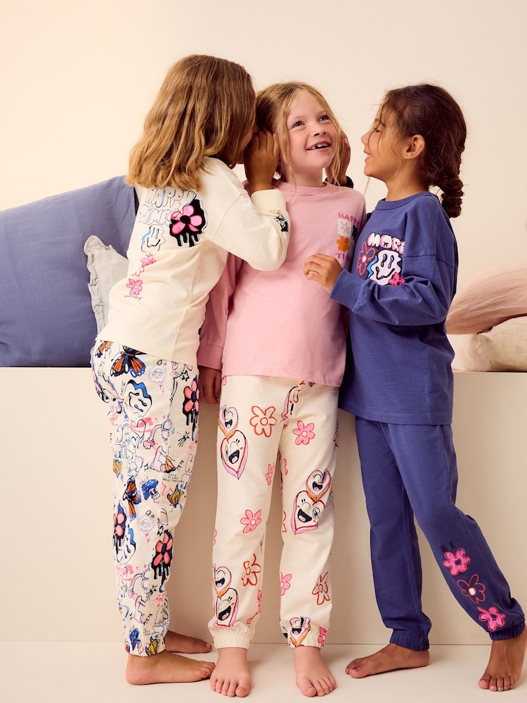 Pink/Cream 100% Cotton Joggers Pyjamas 3 Pack (3-16yrs) - Image 3 of 14