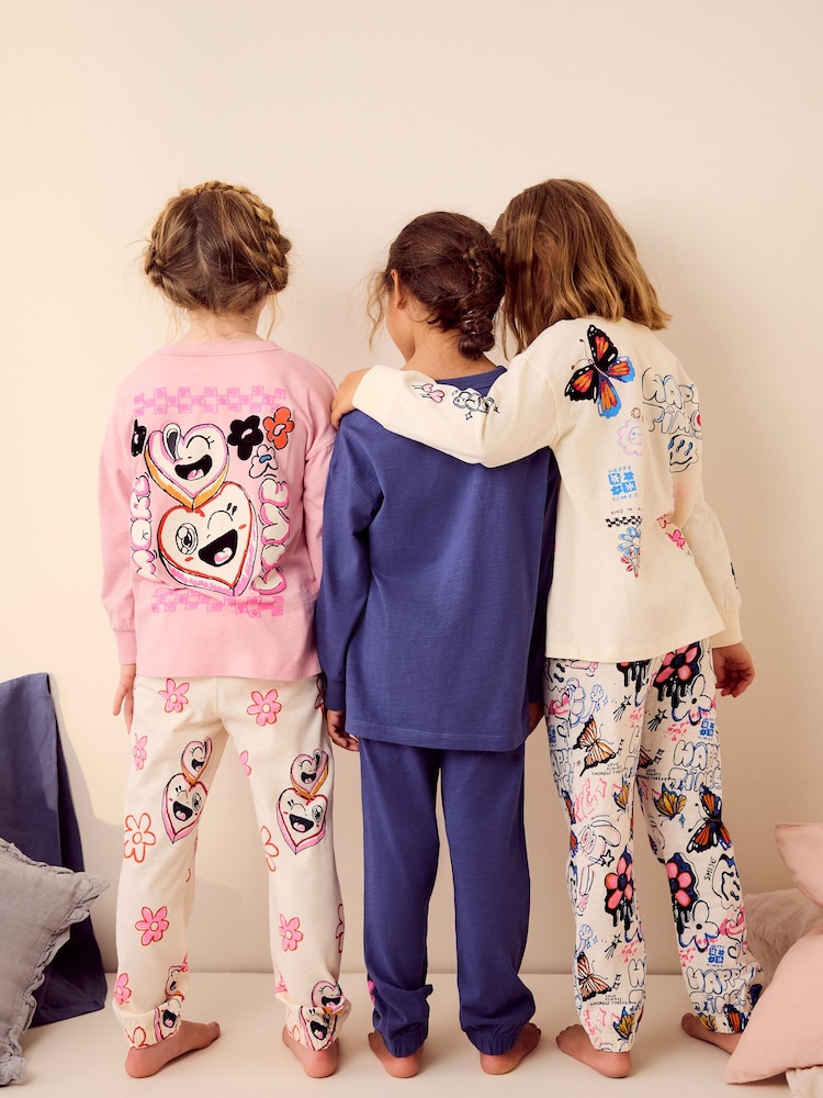 Pink/Cream 100% Cotton Joggers Pyjamas 3 Pack (3-16yrs) - Image 4 of 14