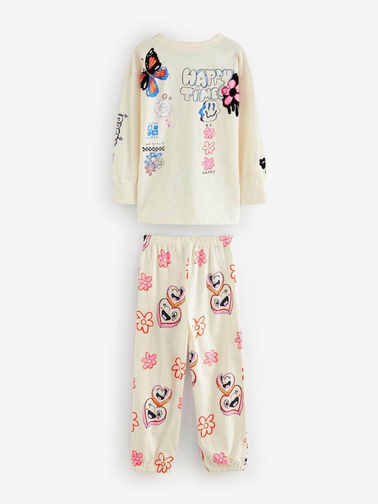 Pink/Cream 100% Cotton Joggers Pyjamas 3 Pack (3-16yrs) - Image 7 of 14