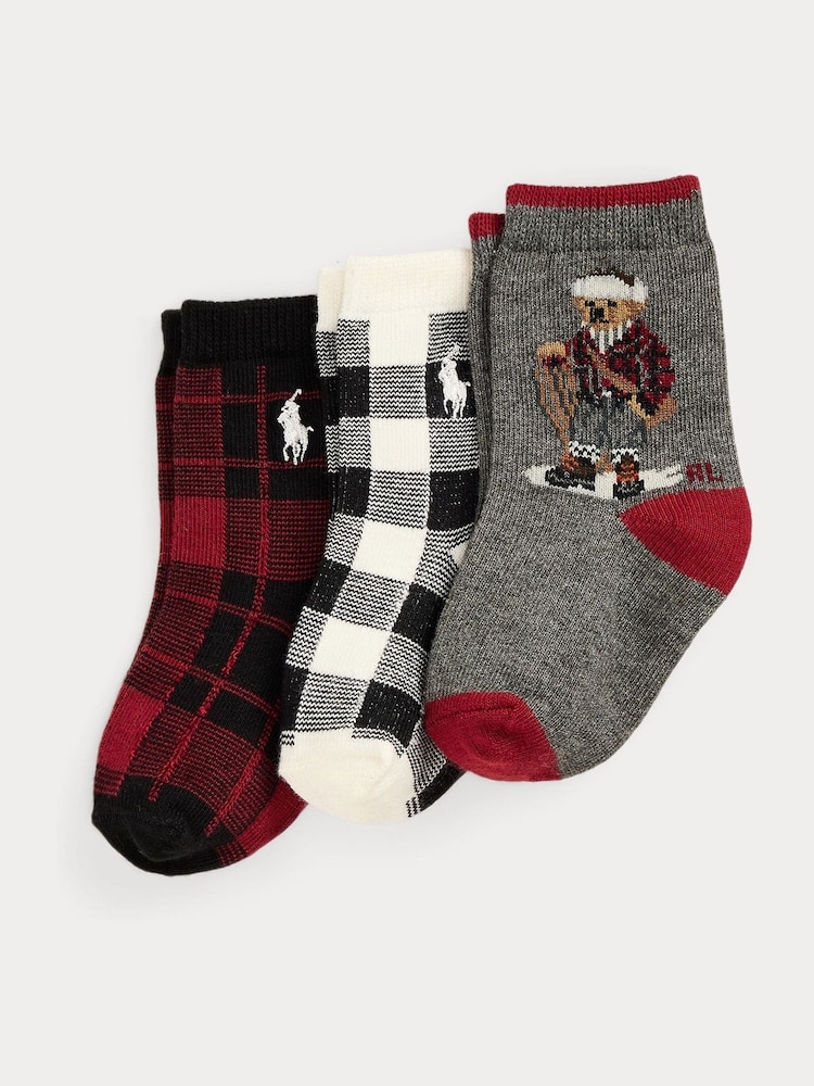 Polo Ralph Lauren Grey Baby Bear Graphic Print Crew Socks 3 Pack - Image 1 of 1