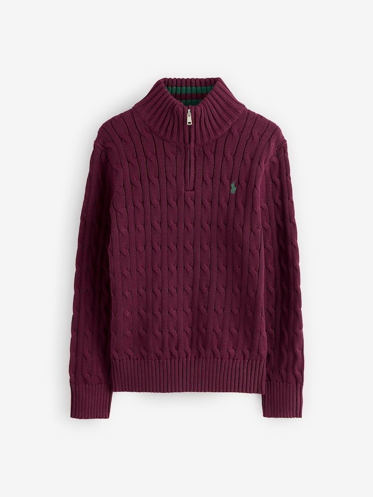 Polo Ralph Lauren Red Boys Zip Neck Cable Knit Jumper - Image 1 of 1