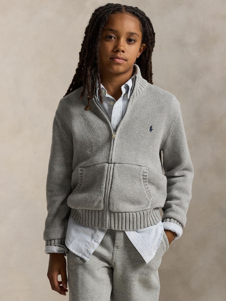 Polo Ralph Lauren Grey Boys Zip Through Mock Neck Knitted Jumper - Image 1 of 5 Polo Ralph Lauren Grey Boys Zip Through Mock Neck Knitted Jumper - Image 1 of 5