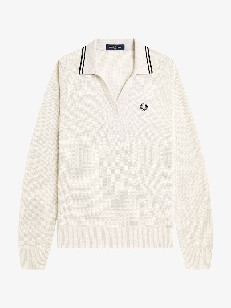 Fred Perry Cream Metallic Knit Long Sleeve Polo Shirt - Image 1 of 2