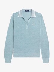 Fred Perry Blue Metallic Knit Long Sleeve Polo Shirt - Image 1 of 2