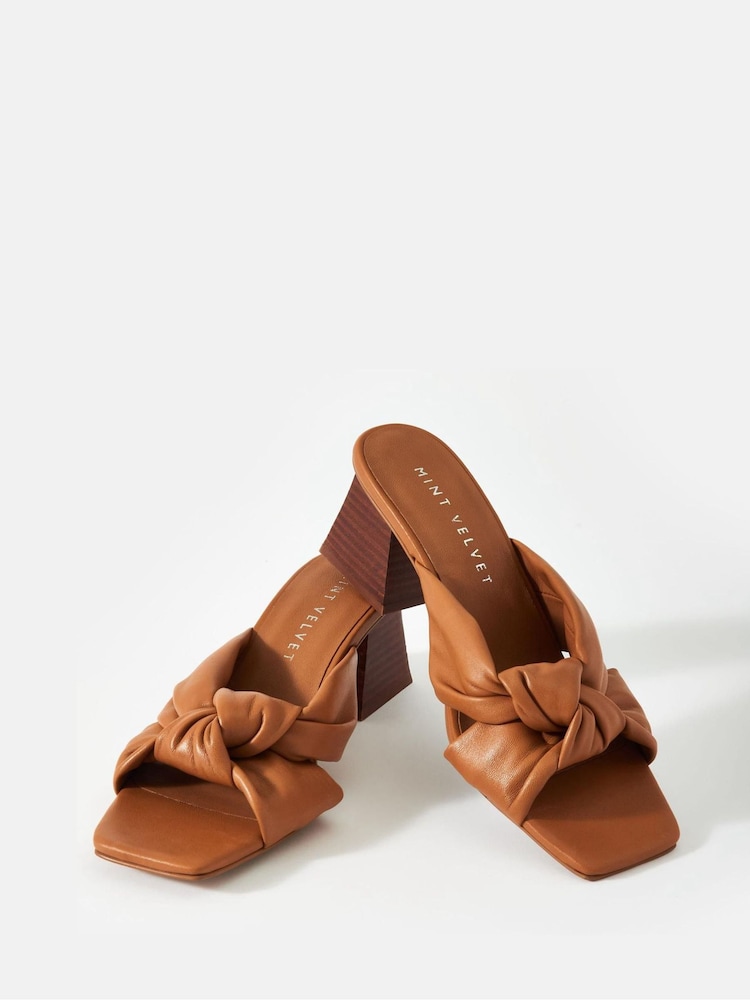 Mint Velvet Brown Jen Leather Knot Mules - Image 2 of 3 Mint Velvet Brown Jen Leather Knot Mules - Image 2 of 3