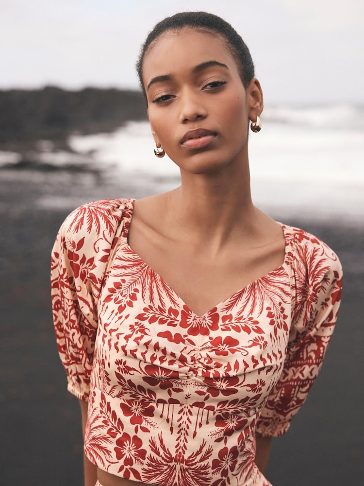 Mint Velvet Red Printed Puff Sleeve Blouse - Image 2 of 8 Mint Velvet Red Printed Puff Sleeve Blouse - Image 2 of 8