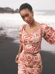 Mint Velvet Red Printed Puff Sleeve Blouse - Image 3 of 8