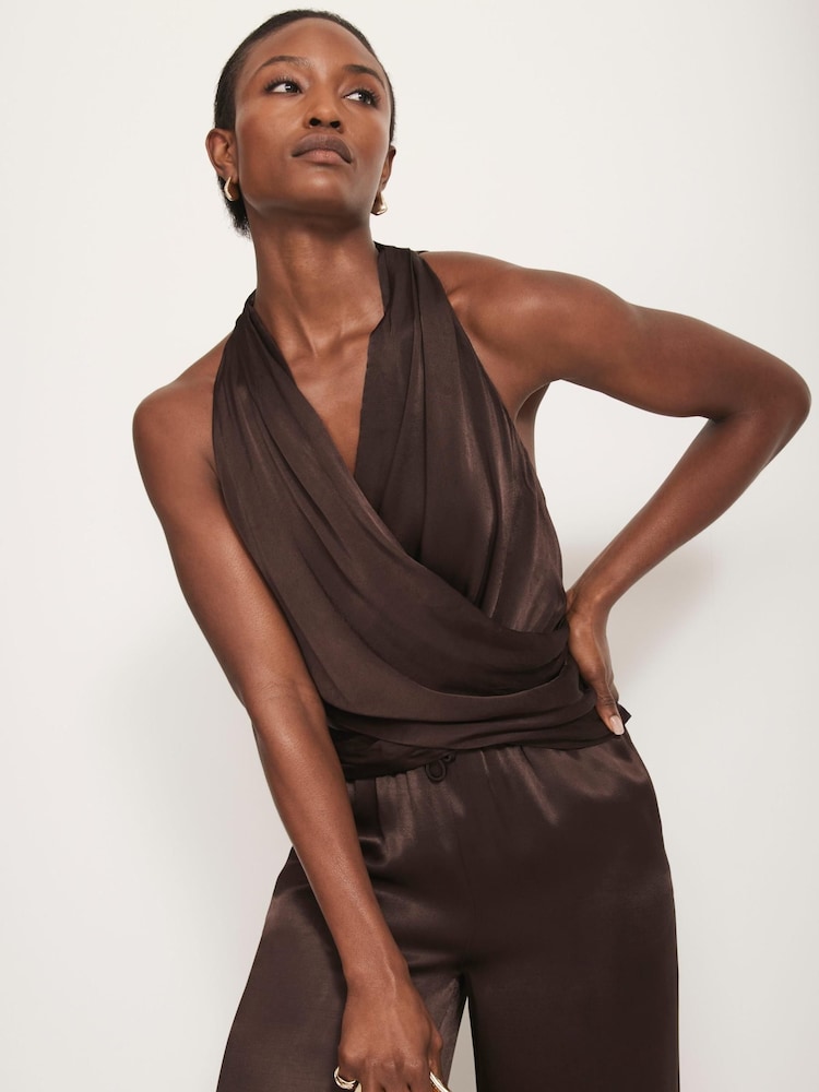 Mint Velvet Brown Satin Wrap Blouses - Image 1 of 8