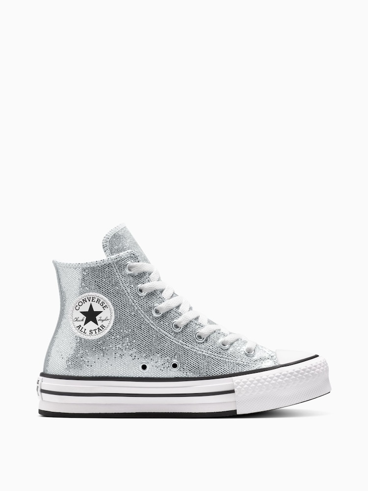 Converse Silver Chuck Taylor Teen Lift Disco Glitter High Trainers - Image 1 of 8