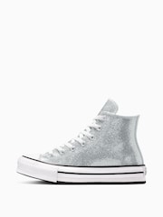 Converse Silver Chuck Taylor Teen Lift Disco Glitter High Trainers - Image 2 of 8