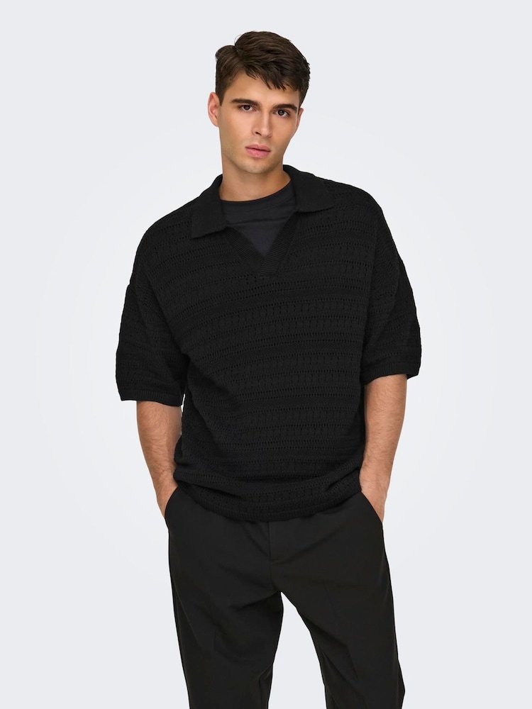 Only & Sons Black Crochet Knit Polo Shirt - Image 1 of 6 Only & Sons Black Crochet Knit Polo Shirt - Image 1 of 6