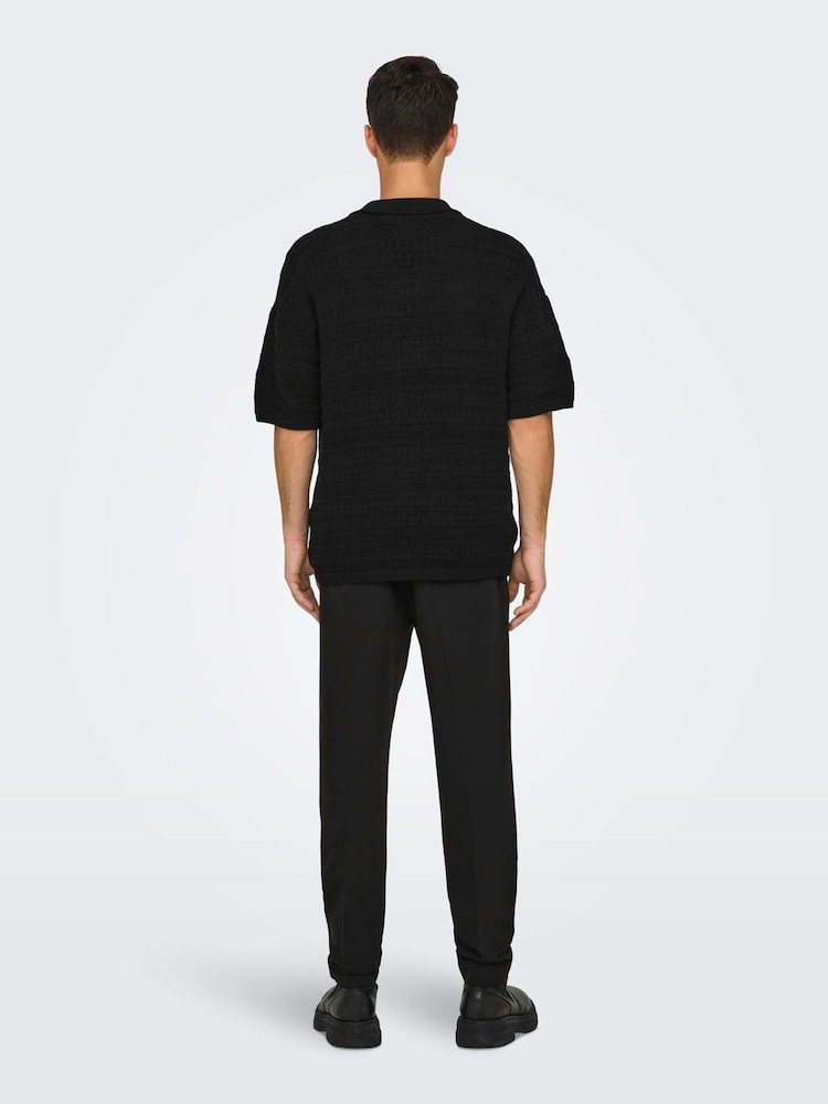 Only & Sons Black Crochet Knit Polo Shirt - Image 2 of 6 Only & Sons Black Crochet Knit Polo Shirt - Image 2 of 6