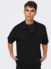 Only & Sons Black Crochet Knit Polo Shirt - Image 3 of 6