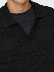 Only & Sons Black Crochet Knit Polo Shirt - Image 4 of 6