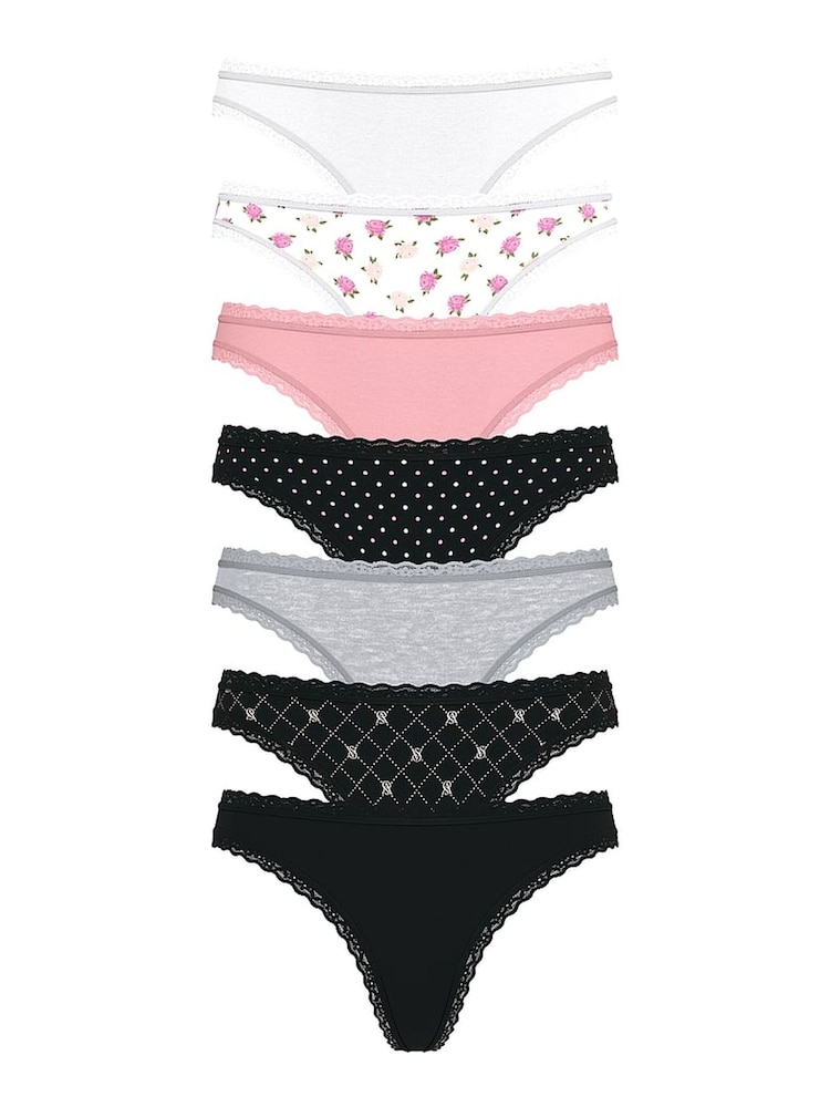 Victoria's Secret White/Pink/Black/Grey Thong 7 Pack Lace Trim Knickers - Image 1 of 2 Victoria's Secret White/Pink/Black/Grey Thong 7 Pack Lace Trim Knickers - Image 1 of 2