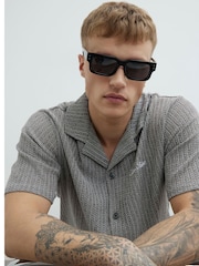 River Island Grey Regular Fit Plisse Embroidered Shirt - Image 4 of 4