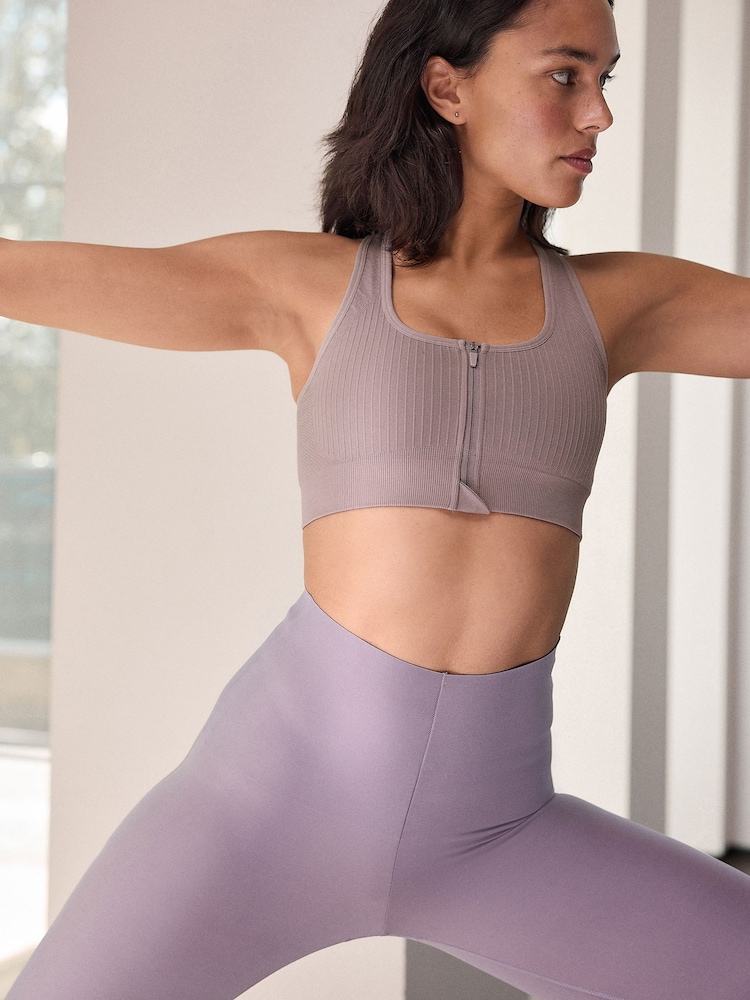 Lilac Purple Seamless Zip Front Medium Impact Sports Bra - Image 1 of 5 Lilac Purple Seamless Zip Front Medium Impact Sports Bra - Image 1 of 5