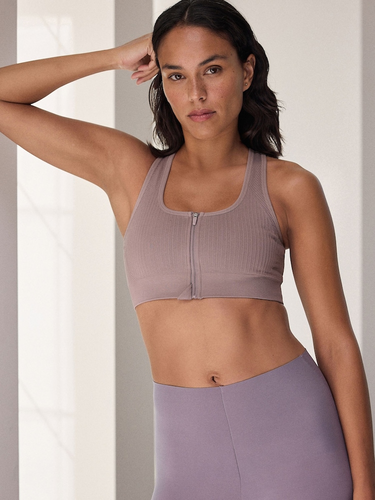 Lilac Purple Seamless Zip Front Medium Impact Sports Bra - Image 2 of 5 Lilac Purple Seamless Zip Front Medium Impact Sports Bra - Image 2 of 5