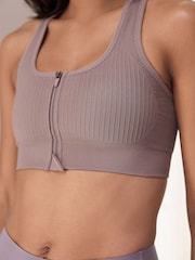 Lilac Purple Seamless Zip Front Medium Impact Sports Bra - Image 4 of 5