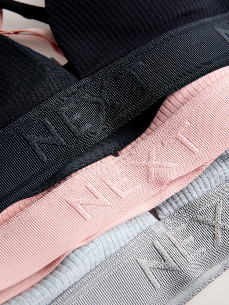 שחור/אפור/ורוד - מארז של 3 חזיות ברלט מבד ריב מסיב כותנה עם לוגו - תמונה 13 מתוך 13