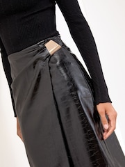 Lipsy Black Croc Faux Leather Ruched Wrap Midi Skirt - Image 3 of 4