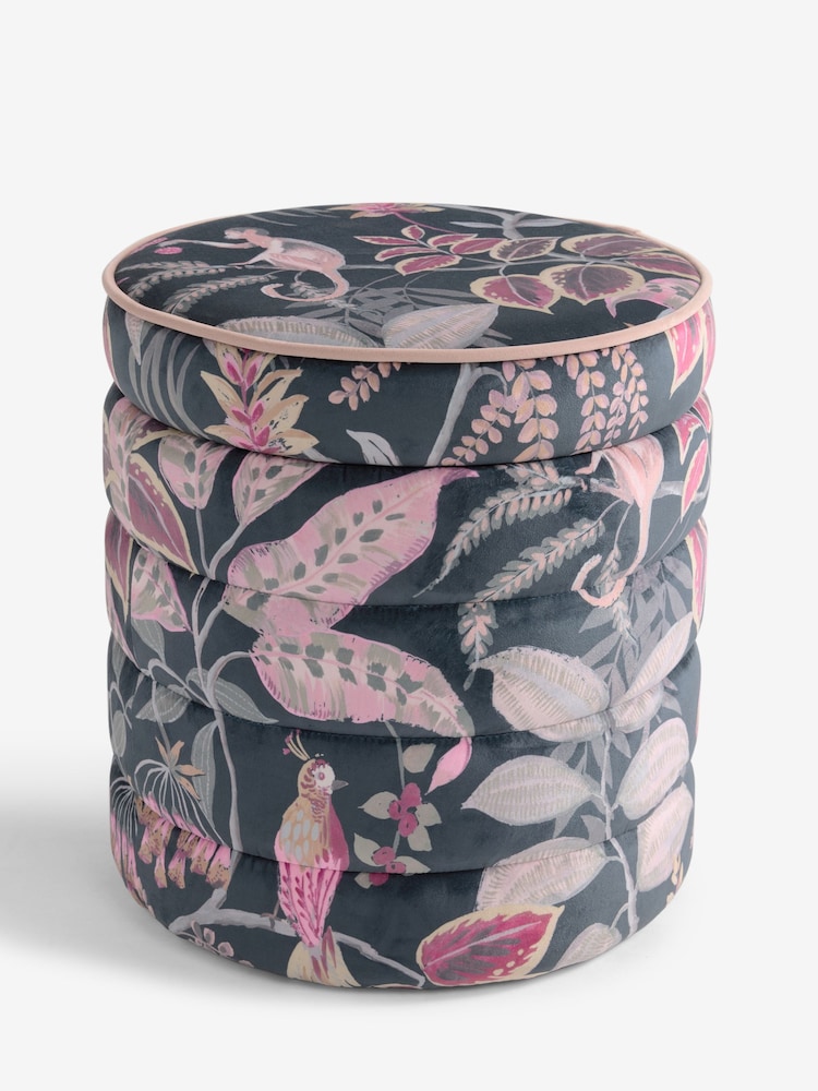 Opulent Velvet Tropical Monkey Print Navy Blue Stella Storage Stool - Image 1 of 4 Opulent Velvet Tropical Monkey Print Navy Blue Stella Storage Stool - Image 1 of 4