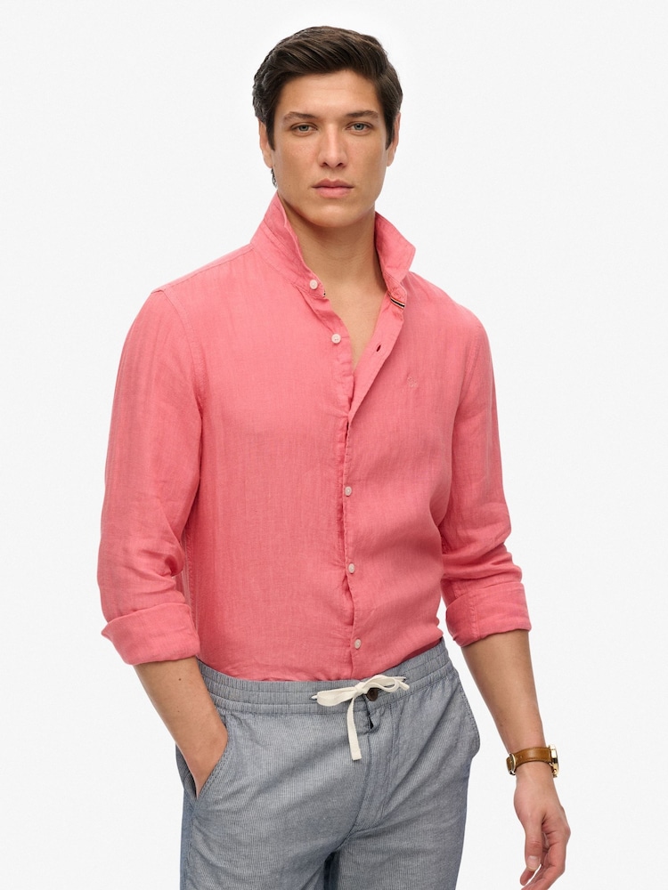 Superdry Pink Embroidered Vacation 100% Linen Shirt - Image 1 of 6