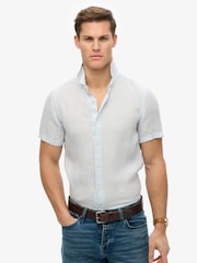 Superdry Blue Embroidered Vacation 100% Linen Shirt - Image 1 of 6
