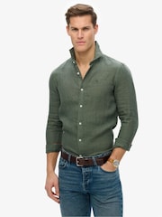 Superdry Green Embroidered Vacation 100% Linen Shirt - Image 1 of 5
