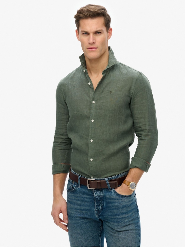 Superdry Green Embroidered Vacation 100% Linen Shirt - Image 1 of 5