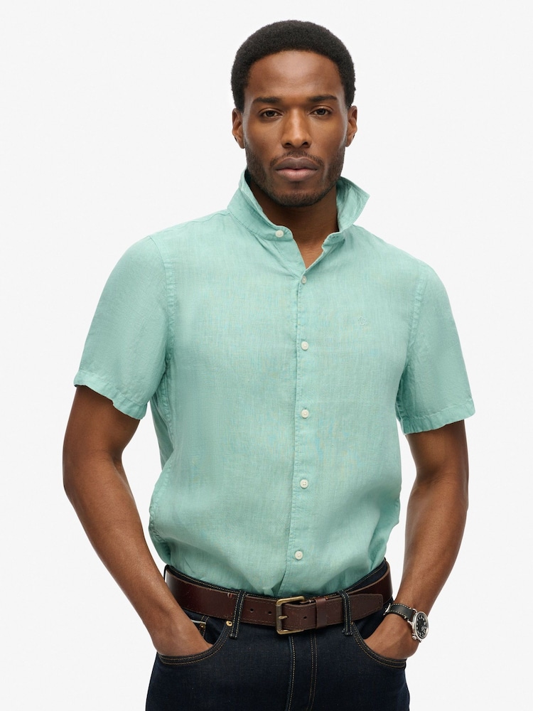 Superdry Blue Embroidered Vacation 100% Linen Shirt - Image 1 of 4