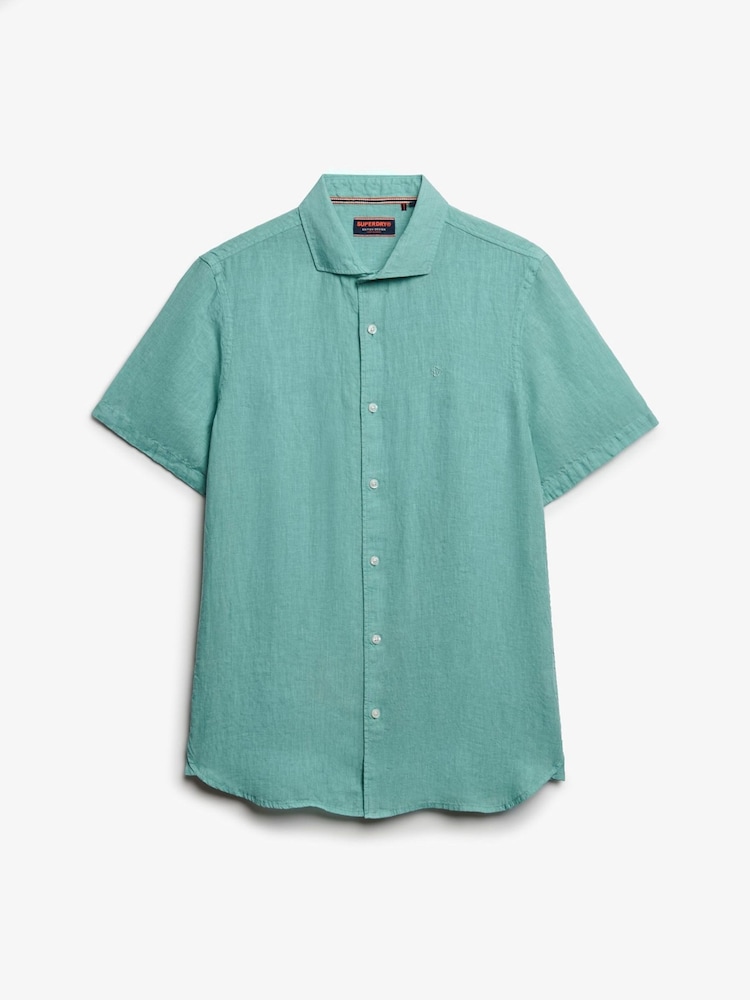 Superdry Blue Embroidered Vacation 100% Linen Shirt - Image 4 of 4