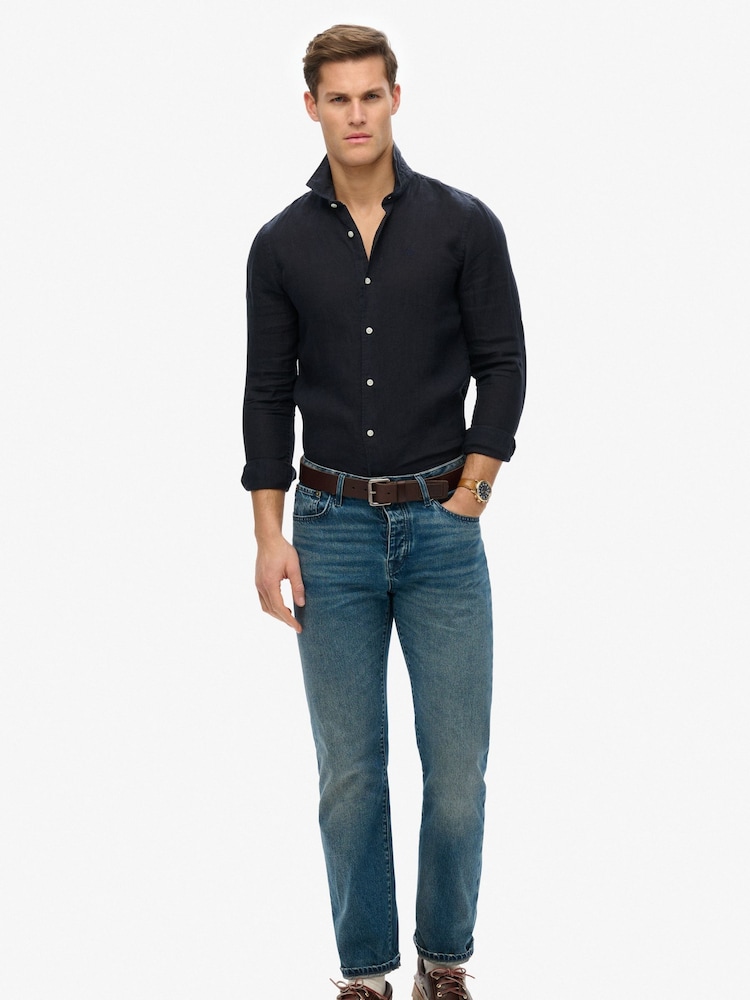 Superdry Blue Embroidered Vacation 100% Linen Shirt - Image 1 of 4