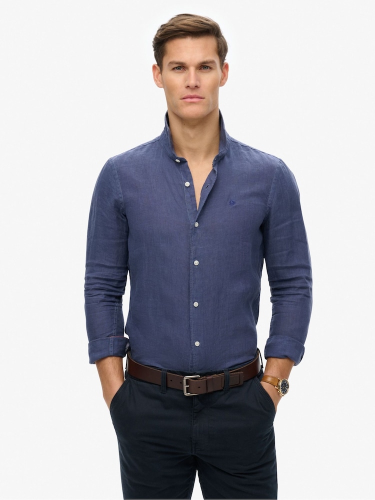 Superdry Blue Embroidered Vacation 100% Linen Shirt - Image 1 of 5
