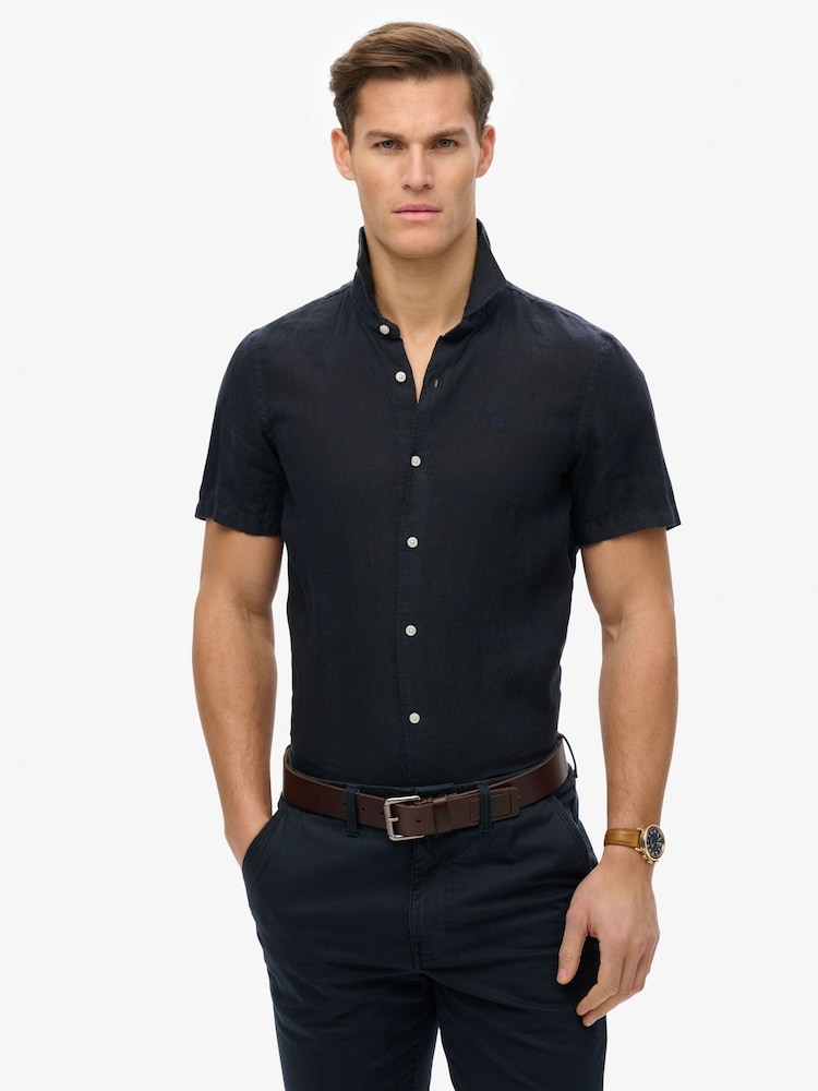Superdry Blue Embroidered Vacation 100% Linen Shirt - Image 1 of 5 Superdry Blue Embroidered Vacation 100% Linen Shirt - Image 1 of 5